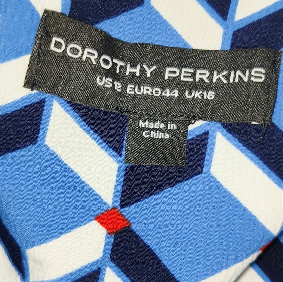 Dorothy Perkins Blue Red Dress Size UK 16 Faux Wrap Belted Mixed Pattern V-Neck - Picture 9 of 11